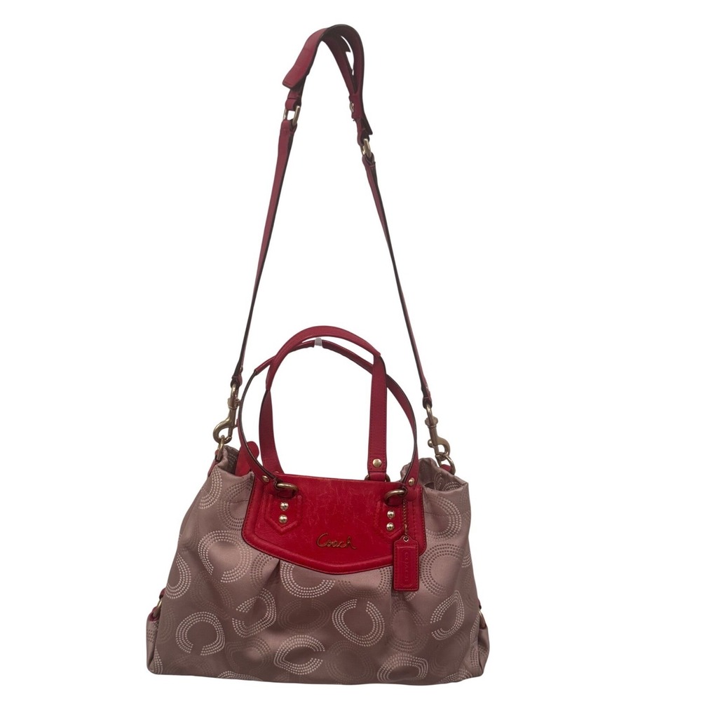 Coach Taylor Op Art Khaki Red Satin Leather Satchel Bag F20049